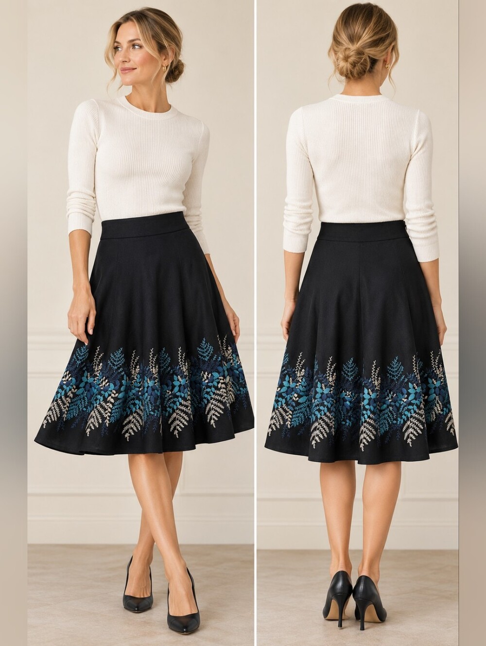 ANN TAYLOR NAVY EMBROIDERED FLORAL A-LINE SKIRT SIZE 4